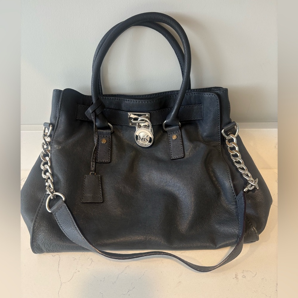 Michael Kors Navy Leather Satchel with Chain-Accent Straps